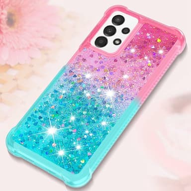 SKALO Samsung A13 4G Juoksuhiekka Glitter Sydämet TPU kuori - Pinkki-Turkoosi