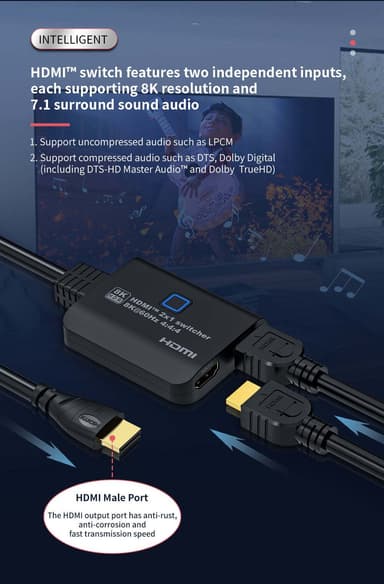 NÖRDIC HDMI 2.1 -kytkin 2 - 1 8K60Hz 4K120Hz 48Gbps HDR HDCP2.3 Surround 7.1 CEC