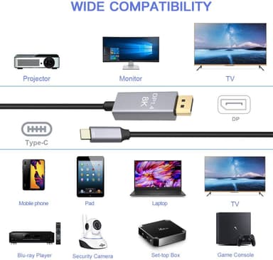 NÖRDIC 20 cm USBC–DP 1.4 -sovitin 8K30Hz 4K120Hz 32.4Gbps