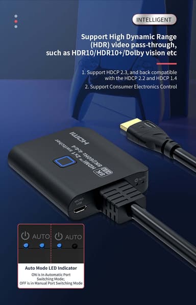 NÖRDIC HDMI 2.1 -kytkin 2 - 1 8K60Hz 4K120Hz 48Gbps HDR HDCP2.3 Surround 7.1 CEC