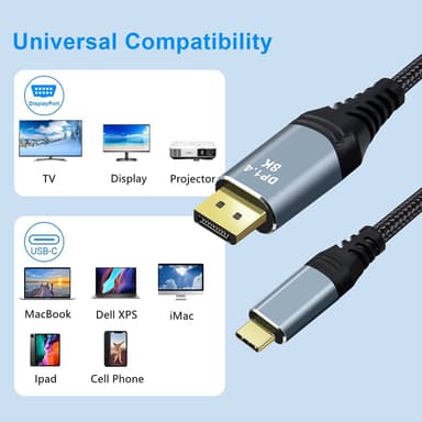NÖRDIC 1,5 m USBC–DP 1,4 kaapeli 8K30Hz 4K120Hz 32.4Gbps HBR3 HDR10