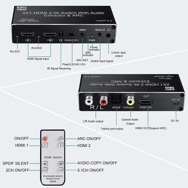 NÖRDIC HDMI kytkin 2–1 äänenerottimella ja ARC 4K 60 Hz:lla, SPDIF koaksiaalinen RCA L/R ja stereo