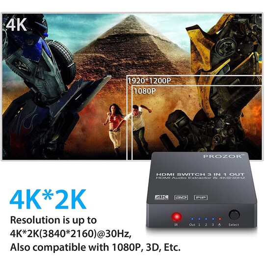 NÖRDIC HDMI-kytkin 3 - 1 4K30Hz 3D PIP äänenpoistolla 1xOptinen toslink 1x stereo 3,5mm