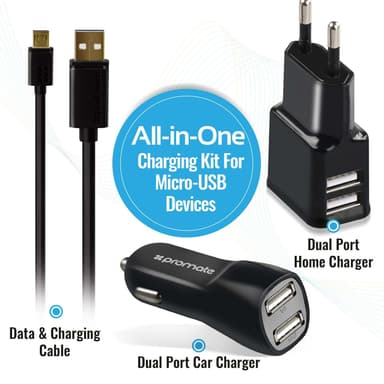 Promate CHARGMATE -laturisarja, 2 porttia, 2,1 A USB-seinälaturi 2 porttia, 3,1 A, USB-autolaturi ja USB-kaapeli 1,2 m, musta