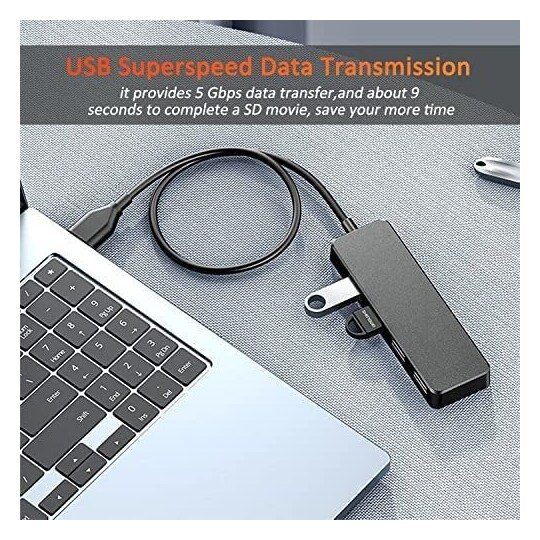 NÖRDIC USB 3.1 4-porttinen 5 Gb/s keskitin, 35cm kaapeli, musta