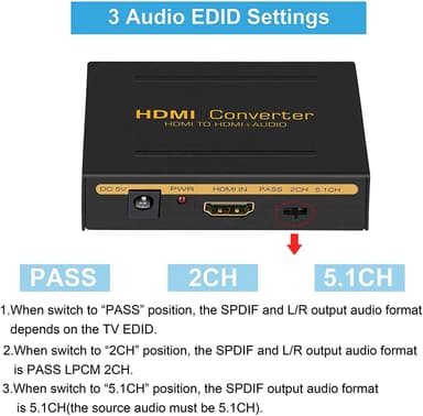 NÖRDIC HDMI-äänenerotin, 1x HDMI-tulo 1x HDMI 4K 30 Hz, 1x Toslink- ja 2x RCA-lähtö