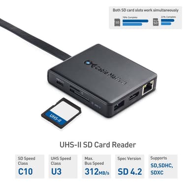 Cable Matters 1–8 USB-C-telakointiasema HDMI 4K30Hz PD80W 2xUSB-C 5Gbps RJ45 Giga Lan Micro SD ja SD-kortti
