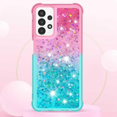 SKALO Samsung A13 4G Juoksuhiekka Glitter Sydämet TPU kuori - Pinkki-Turkoosi