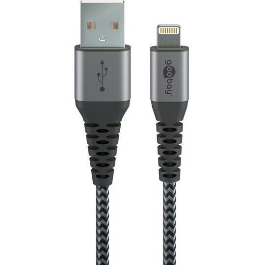 Lightning to USB-A Tekstiilikaapeli metalliliittimillä (avaruudenharmaa / hopea) 1 m