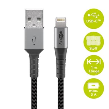 Goobay Lightning to USB-A Tekstiilikaapeli metalliliittimillä (avaruudenharmaa / hopea) 1 m