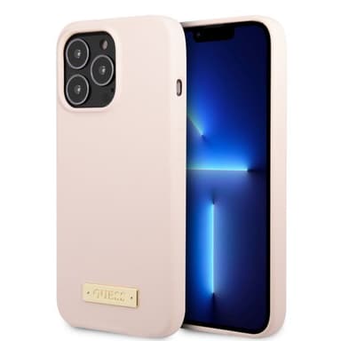 Guess iPhone 13 Pro Kuori Silicone Metal Plate MagSafe Vaaleanpunainen
