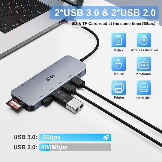 NÖRDIC 1-11 USB-C-telakointiasema kolminkertaisille näytöille 2xHDMI 4K30Hz, 1xVGA Mac M1 M2 PD 100W Thunderbolt 3 & 4