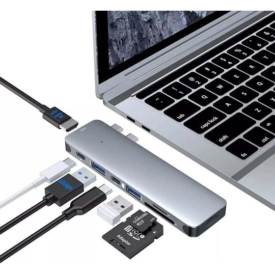 NÖRDIC 2–7 USB-C Dual Monitors -telakointiasema MacBook Prolle ja Airille 1xHDMI 4K60Hz 1xThunderbolt 3 USB-C 5K60Hz 40G 1xUSB-C 100W PD