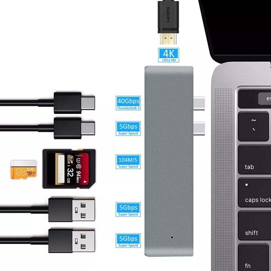 NÖRDIC 2–7 USB-C Dual Monitor -telakointiasema MacBook Prolle ja Airille 1xHDMI 4K30Hz 1xThunderbolt 3xUSB-C 5K60Hz 40G 1xUSB-C 100W PD