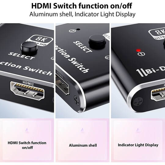 NÖRDIC 8K60Hz HDMI-kytkin 2-1 ja jakaja 1-2 4K120Hz 48Gbps