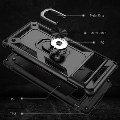 Google Pixel 7 Pro iskunkestävä TPU+PC Kickstand -puhelinkotelo autoteline metallilevy - musta