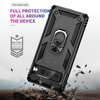 Google Pixel 7 Pro iskunkestävä TPU+PC Kickstand -puhelinkotelo autoteline metallilevy - musta
