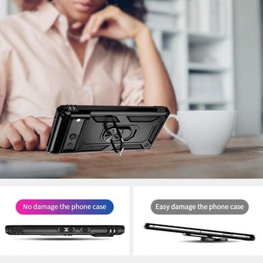 Google Pixel 7 iskunkestävä TPU+PC Kickstand -puhelinkotelo autoteline metallilevy - musta