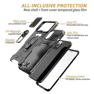 iPhone 14 Pro täyskantinen TPU + PC Kickstand -puhelinkotelo+karkaistu lasi
