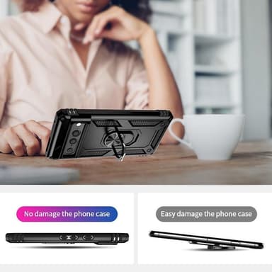 Google Pixel 7 Pro iskunkestävä TPU+PC Kickstand -puhelinkotelo autoteline metallilevy - musta