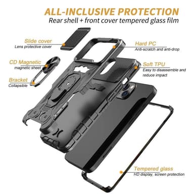 iPhone 14 täyskantinen TPU + PC Kickstand -puhelinkotelo+karkaistu lasi