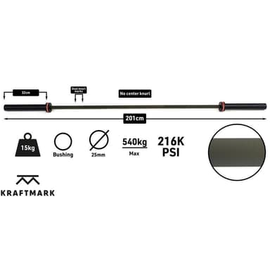 Kraftmark Kansainvälinen barbell 50 mm Cerakote CF Bar vihreä 15 kg