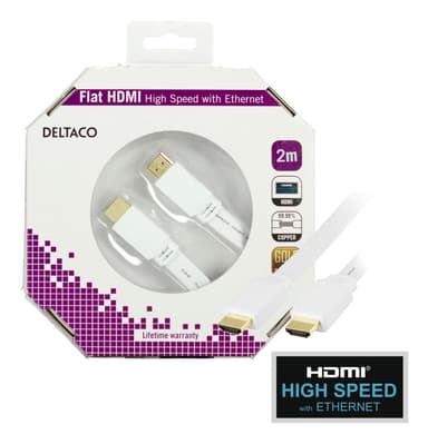 DELTACO HDMI v1.4 kaapeli 4K, Ethernet,3D, paluu, litteä valk,2m