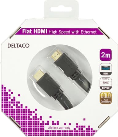 DELTACO litteä HDMI-kaapeli, HDMI High Speed Ethernetillä, 4K, 2m, musta