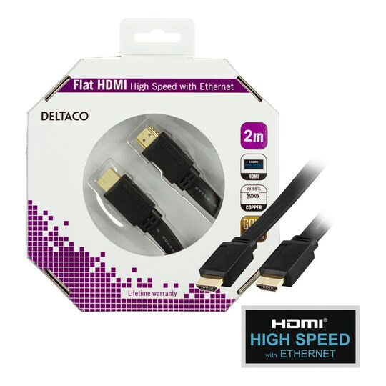 DELTACO litteä HDMI-kaapeli, HDMI High Speed Ethernetillä, 4K, 2m, musta