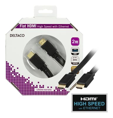 DELTACO litteä HDMI-kaapeli, HDMI High Speed Ethernetillä, 4K, 2m, musta