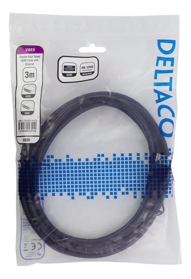 DELTACO taipuisa HDMI-kaapeli, 4K, Ultra HD 60Hz, 3m, musta