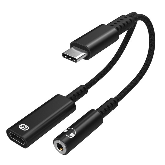 USB-C-sovitin 3,5 mm:n kuulokkeille ja USB-C-laturille Musta