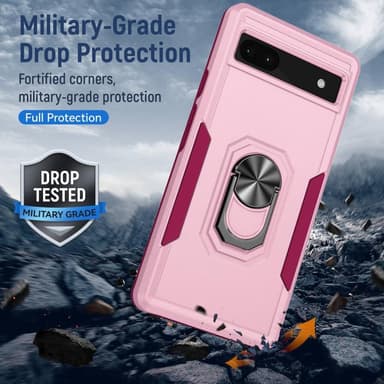 Google Pixel 6A iskunkestävä TPU+PC Kickstand -puhelinkotelo autoteline metallilevy - vaaleanpunainen