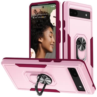 Google Pixel 6A iskunkestävä TPU+PC Kickstand -puhelinkotelo autoteline metallilevy - vaaleanpunainen