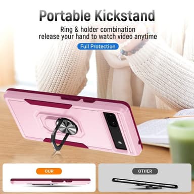 Google Pixel 6A iskunkestävä TPU+PC Kickstand -puhelinkotelo autoteline metallilevy - vaaleanpunainen