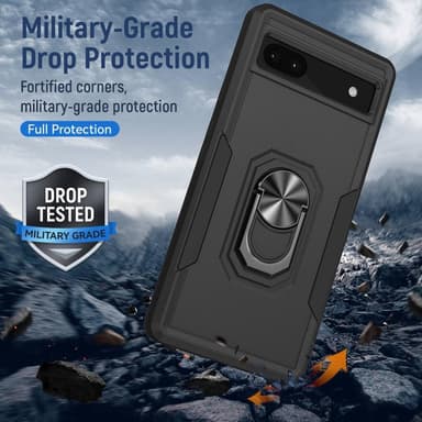 Google Pixel 6A iskunkestävä TPU+PC Kickstand -puhelinkotelo autoteline metallilevy - musta