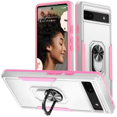 Google Pixel 6A iskunkestävä TPU+PC Kickstand -puhelinkotelo autoteline metallilevy - valkoinen/vaaleanpunainen
