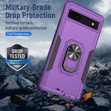Google Pixel 6A iskunkestävä TPU+PC Kickstand Puhelinkotelo Autoon kiinnitettävä metallilevy - violetti/musta