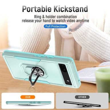 Google Pixel 6A iskunkestävä TPU+PC Kickstand -puhelinkotelo autoteline metallilevy -
