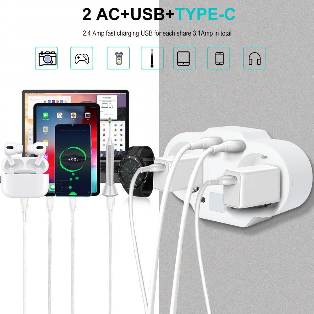 2-napainen seinäpistorasia USB- ja USB-C-liittimellä valkoinen