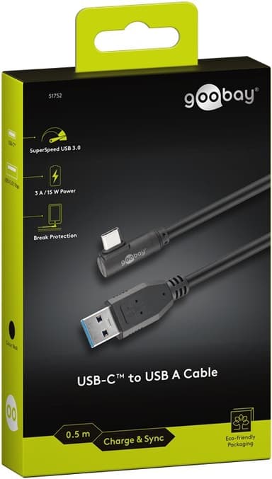 USB-C™–USB-A 3.0 -kaapeli, 90°, musta