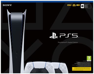 PlayStation 5 (PS5) Digital Edition pelikonsoli + 2 DualSense ohjainta