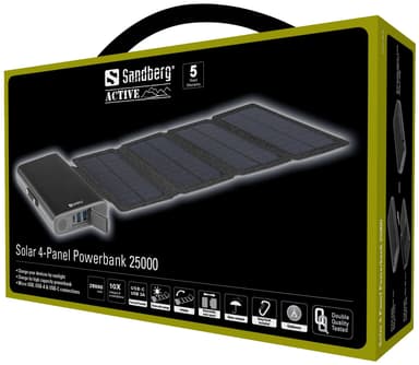 25000 mAh Solar 4-paneelinen Powerbank, musta