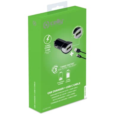 Celly Autolaturi + USB-C-kaapeli 2.4A 12W