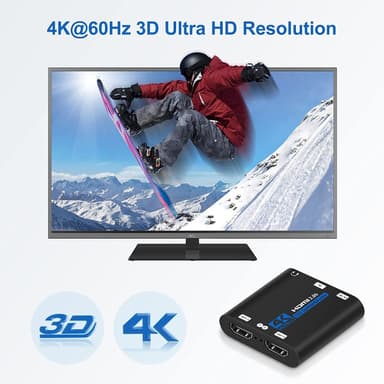 HDMI 2.0 -jakaja 1 portti 2 ulostuloon 4K60HZ Musta