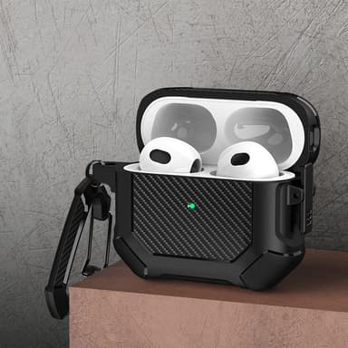 SKALO AirPods 3 Carbon Fiber TPU-suojakuori karabiinilla - Musta