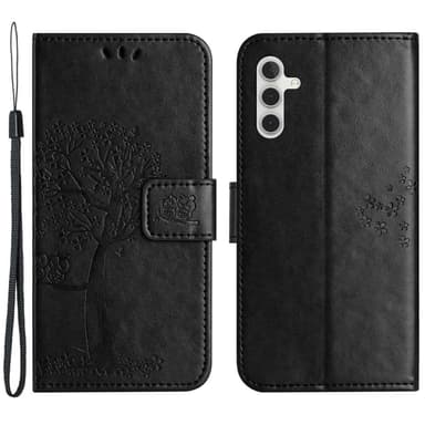 SKALO Samsung A14 4G/5G Owl Tree lompakkokotelo - Musta