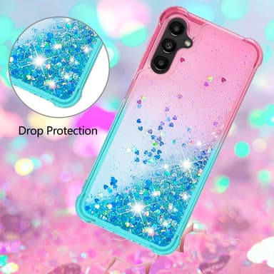 SKALO Samsung A14 5G Juoksuhiekka Glitter Sydämet TPU kuori - Pinkki-Turkoosi