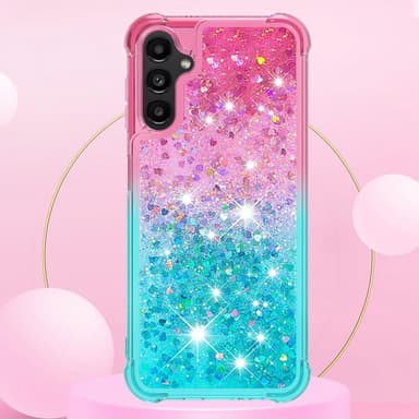 SKALO Samsung A14 5G Juoksuhiekka Glitter Sydämet TPU kuori - Pinkki-Turkoosi