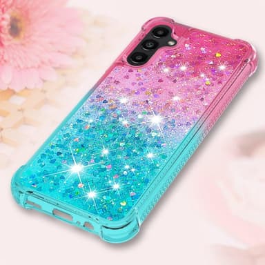 SKALO Samsung A14 5G Juoksuhiekka Glitter Sydämet TPU kuori - Pinkki-Turkoosi